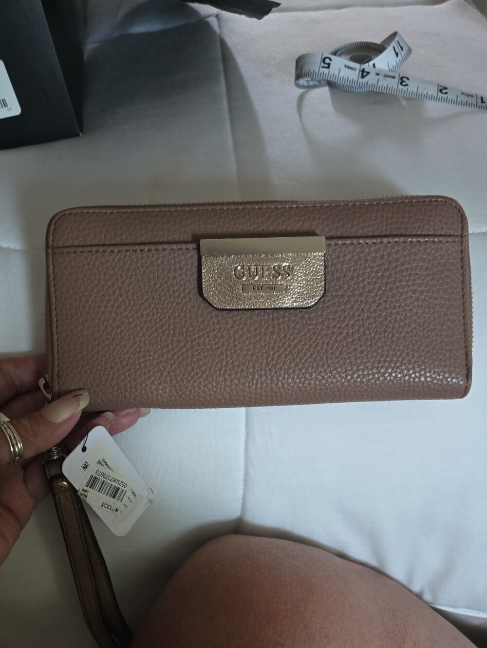 GUESS Taupe Pebbled Leather Zip-Around Wristlet with Gold Plate